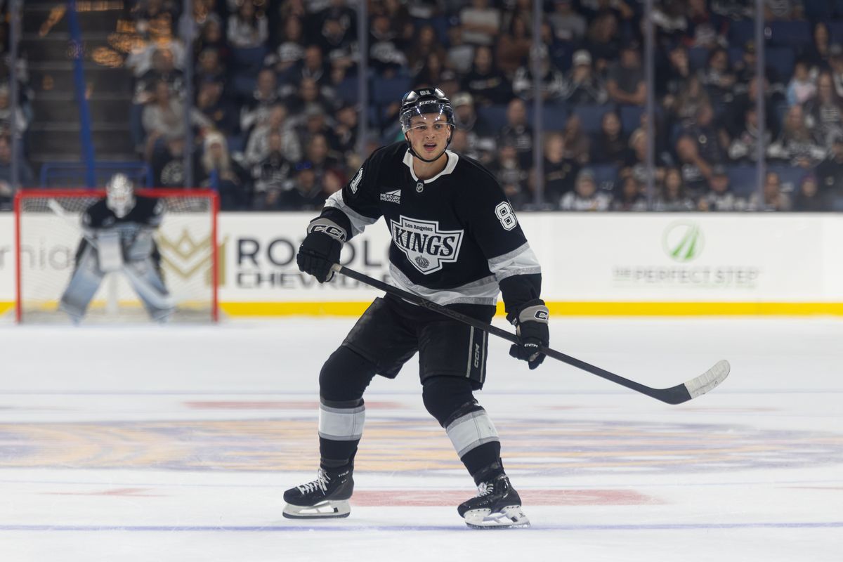 LA Kings defenseman Angus Booth (81) plays against the Vegas Golden Knights at Toyota Arena, Saturday, Sept. 19, 2026, in Ontario, California. LA Kings defenseman Angus Booth (81) plays against the Vegas Golden Knights at Toyota Arena, Saturday, Sept. 19, 2026, in Ontario, California.