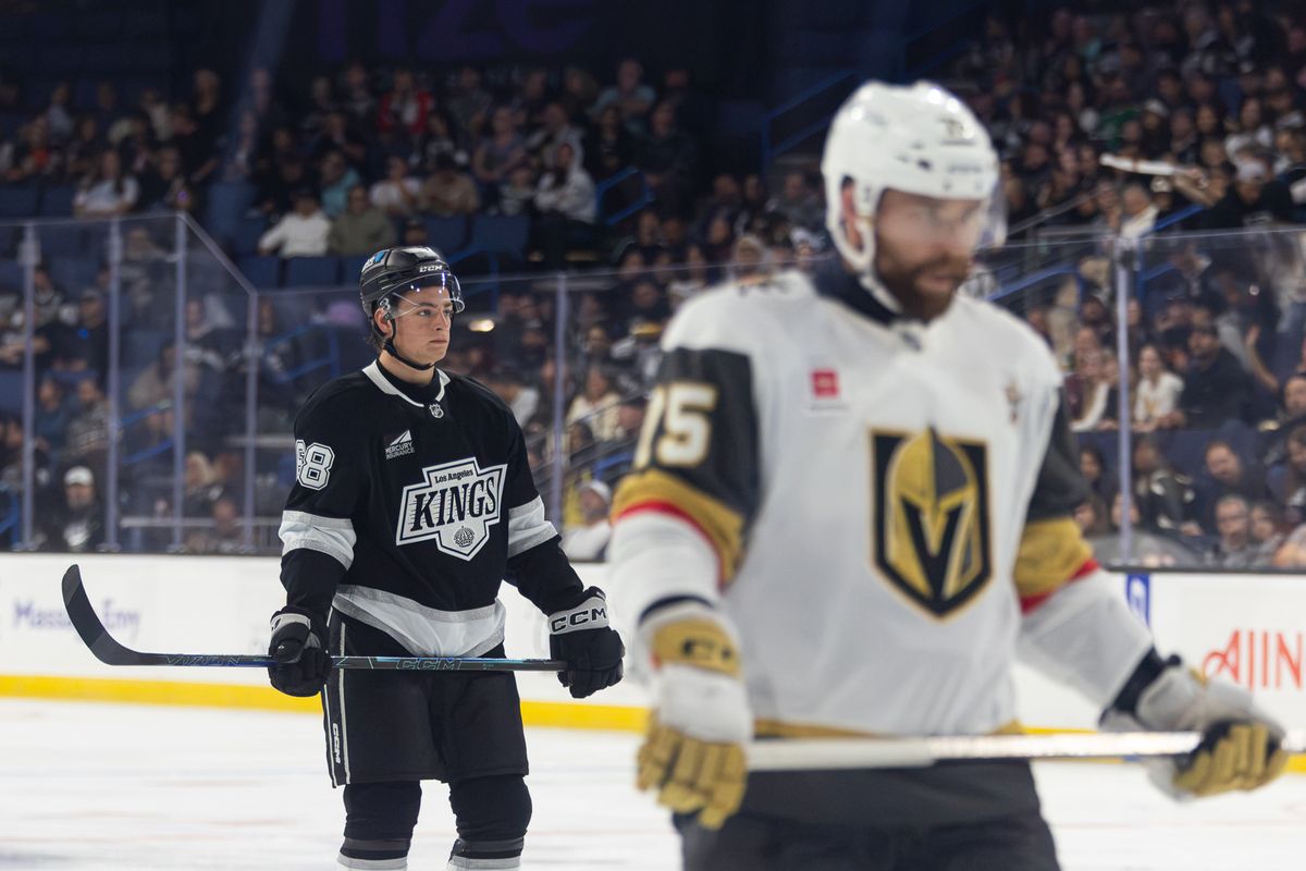 LA Kings defenseman Henry Brzustewicz (68) during a stop in play against the Vegas Golden Knights at Toyota Arena, Saturday, Sept. 19, 2026, in Ontario, California. LA Kings defenseman Henry Brzustewicz (68) during a stop in play against the Vegas Golden Knights at Toyota Arena, Saturday, Sept. 19, 2026, in Ontario, California.