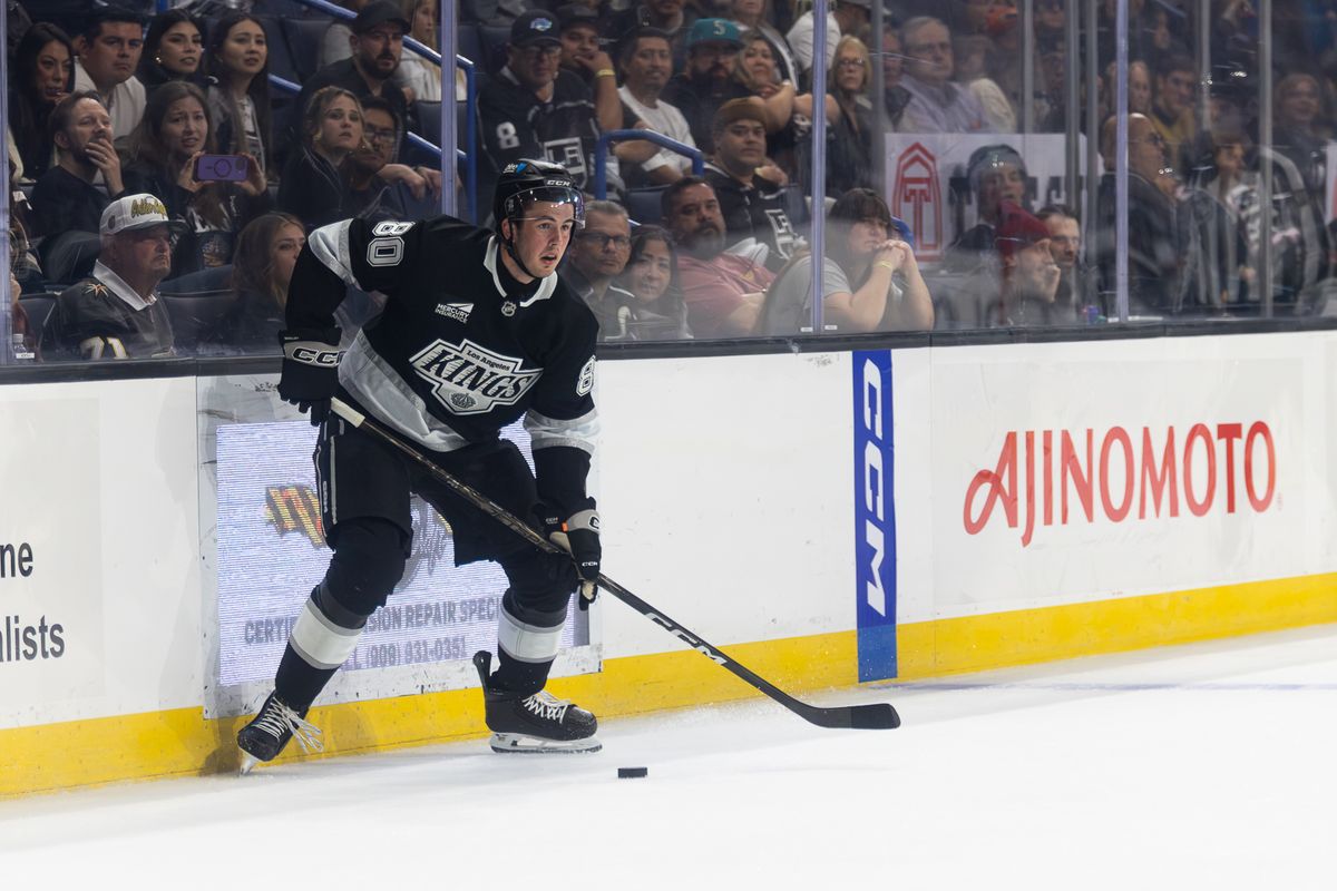 LA Kings defenseman Jared Woolley (80) looks for a teammate to pass to against the Vegas Golden Knights at Toyota Arena, Saturday, Sept. 19, 2026, in Ontario, California. LA Kings defenseman Jared Woolley (80) looks for a teammate to pass to against the Vegas Golden Knights at Toyota Arena, Saturday, Sept. 19, 2026, in Ontario, California.