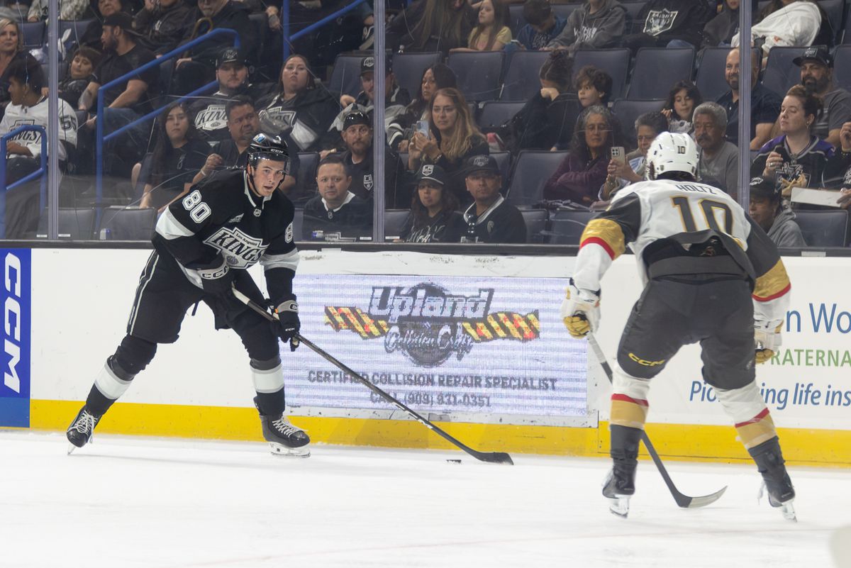 A Kings defenseman Jared Woolley (80) goes on the attack against the Vegas Golden Knights at Toyota Arena, Saturday, Sept. 19, 2026, in Ontario, California. A Kings defenseman Jared Woolley (80) goes on the attack against the Vegas Golden Knights at Toyota Arena, Saturday, Sept. 19, 2026, in Ontario, California.