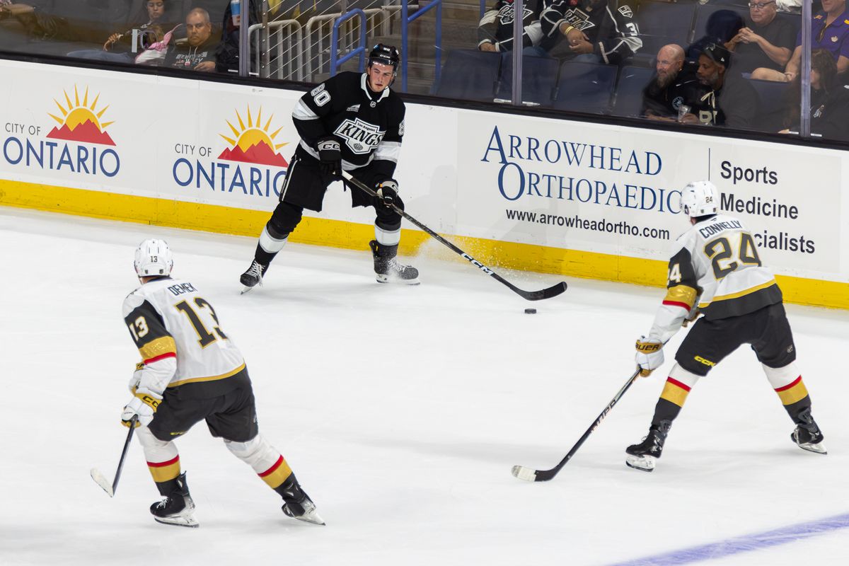 LA Kings defenseman Jared Woolley (80) looks to get through defenders against the Vegas Golden Knights at Toyota Arena, Saturday, Sept. 19, 2026, in Ontario, California. LA Kings defenseman Jared Woolley (80) looks to get through defenders against the Vegas Golden Knights at Toyota Arena, Saturday, Sept. 19, 2026, in Ontario, California.