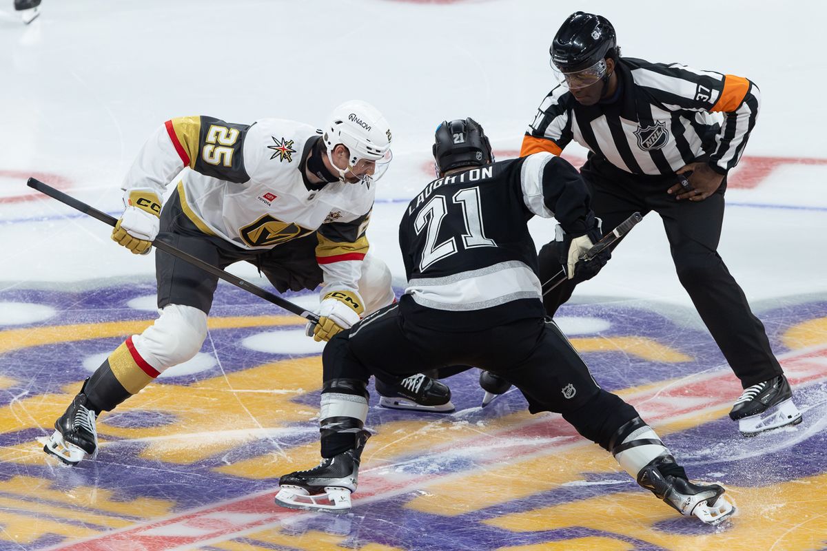 LA Kings forward Scott Laughton (21) takes a faceoff against the Vegas Golden Knights at Toyota Arena, Saturday, Sept. 19, 2026, in Ontario, California. LA Kings forward Scott Laughton (21) takes a faceoff against the Vegas Golden Knights at Toyota Arena, Saturday, Sept. 19, 2026, in Ontario, California.