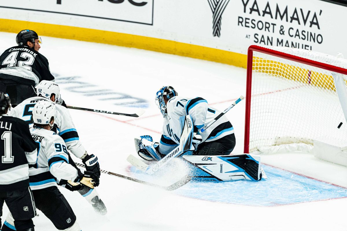 Los Angeles Kings RW Martin Chromiak (42) scores during an NHL match against the Utah Mammoth on September 22nd, 2026 in Los Angeles, California. Los Angeles Kings RW Martin Chromiak (42) scores during an NHL match against the Utah Mammoth on September 22nd, 2026 in Los Angeles, California.