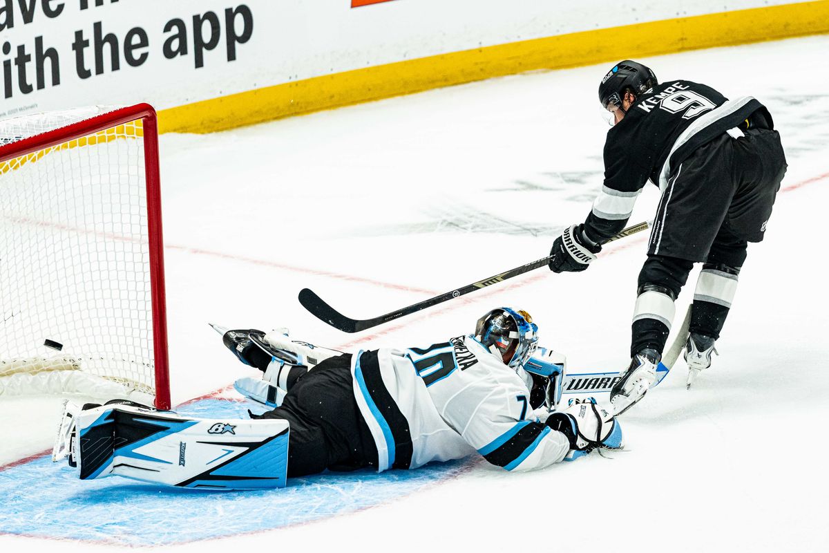 Los Angeles Kings RW Adrian Kempe (9) scores in a shoot-out during an NHL match against the Utah Mammoth on September 22nd, 2026 in Los Angeles, California. Los Angeles Kings RW Adrian Kempe (9) scores in a shoot-out during an NHL match against the Utah Mammoth on September 22nd, 2026 in Los Angeles, California.