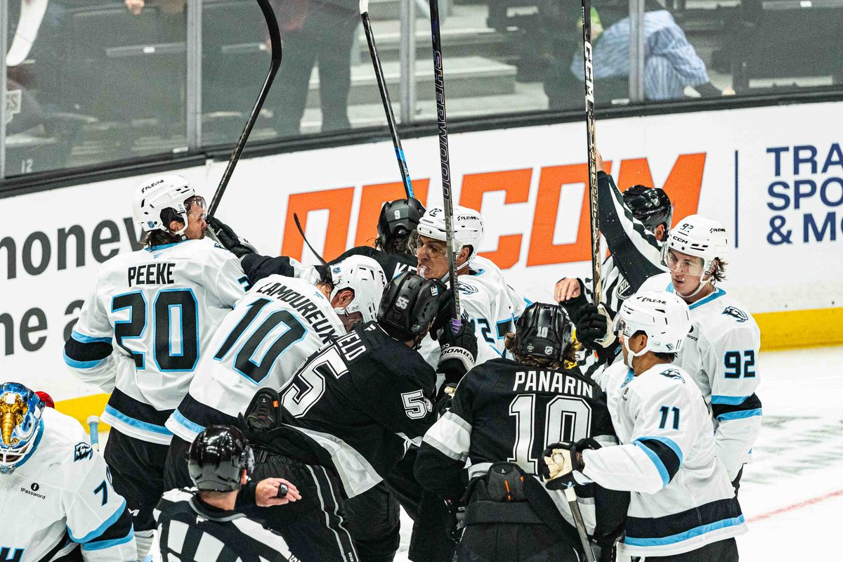 Los Angeles Kings have an altercation with the Mammoths during an NHL match against the Utah Mammoth on September 22nd, 2026 in Los Angeles, California. Los Angeles Kings have an altercation with the Mammoths during an NHL match against the Utah Mammoth on September 22nd, 2026 in Los Angeles, California.