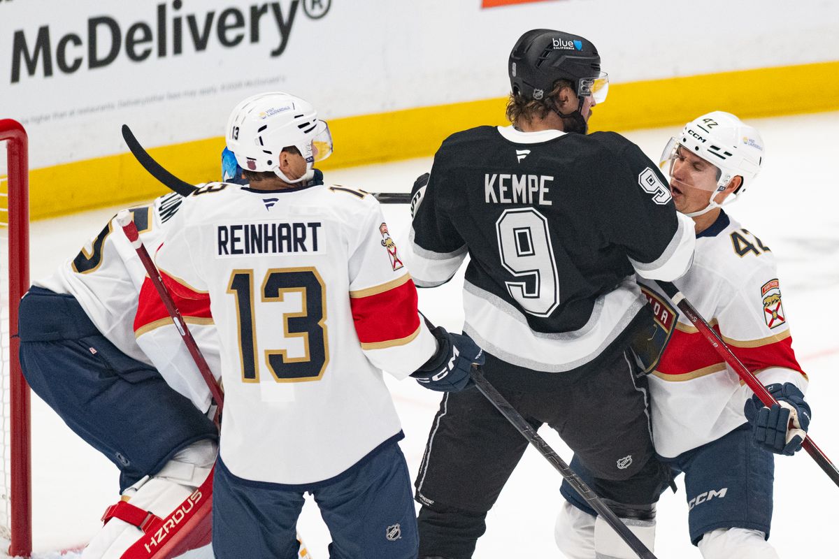 Los Angeles Kings right wing Adrian Kempe (9) battles for position during an NHL hockey game against the Florida Panthers, Tuesday, October 6, 2026 in Los Angeles. Los Angeles Kings right wing Adrian Kempe (9) battles for position during an NHL hockey game against the Florida Panthers, Tuesday, October 6, 2026 in Los Angeles.