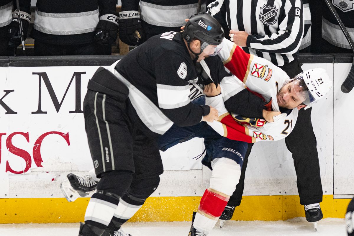 Los Angeles Kings defensiveman Joel Edmundson (6) gets into a fight with Florida Panthers right wing Garnet Hathaway (21) during an NHL hockey game against the Florida Panthers, Tuesday, October 6, 2026 in Los Angeles. Los Angeles Kings defensiveman Joel Edmundson (6) gets into a fight with Florida Panthers right wing Garnet Hathaway (21) during an NHL hockey game against the Florida Panthers, Tuesday, October 6, 2026 in Los Angeles.