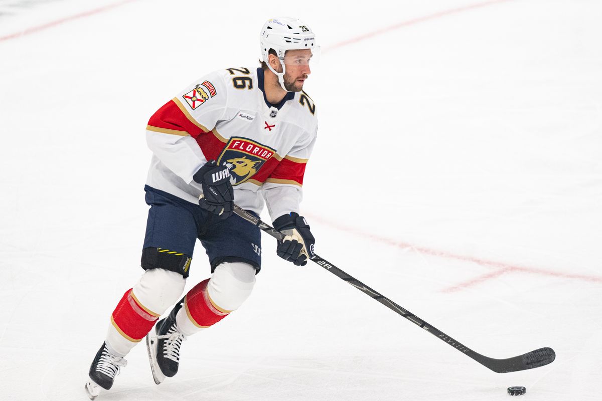 Florida Panthers defender Uvis Balinskis (26) skates with the puck during an NHL hockey game against the Los Angeles Kings Tuesday, October 6, 2026 in Los Angeles. Florida Panthers defender Uvis Balinskis (26) skates with the puck during an NHL hockey game against the Los Angeles Kings Tuesday, October 6, 2026 in Los Angeles.
