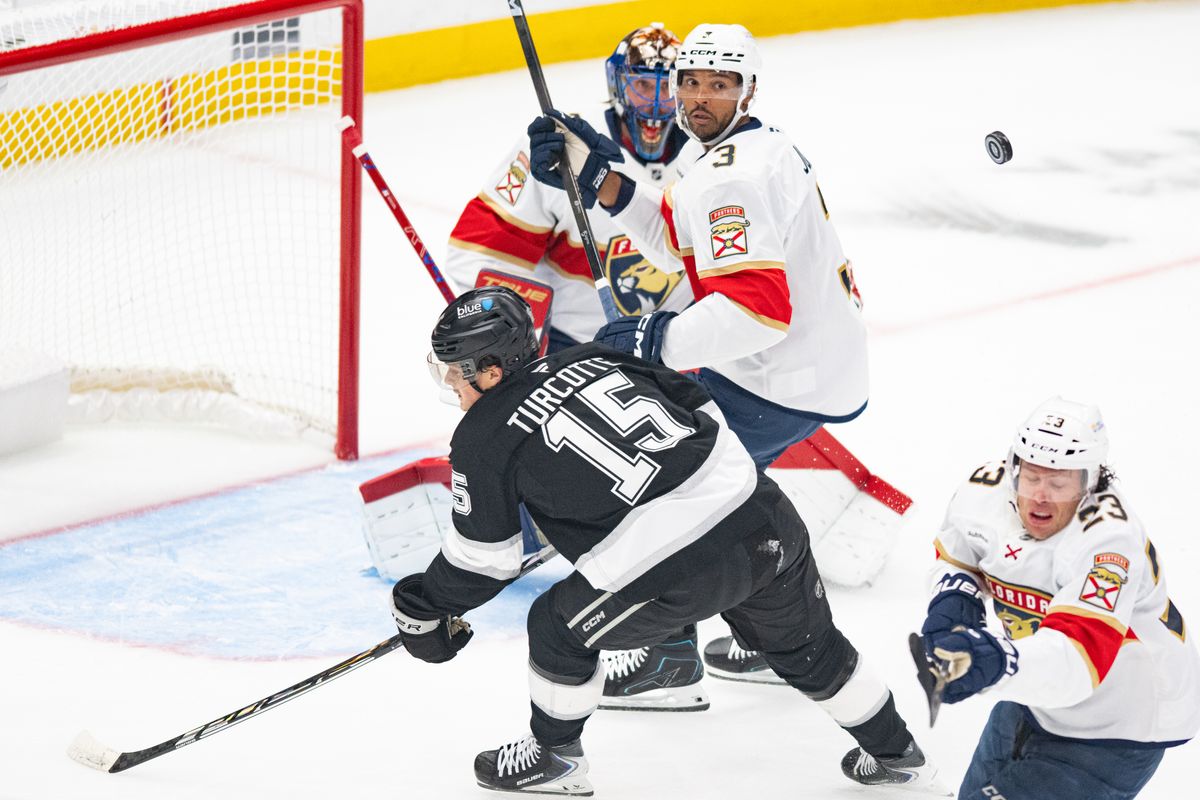 Los Angeles Kings center Alex Turcotte (15) hustles for the puck during an NHL hockey game against the Florida Panthers, Tuesday, October 6, 2026 in Los Angeles. Los Angeles Kings center Alex Turcotte (15) hustles for the puck during an NHL hockey game against the Florida Panthers, Tuesday, October 6, 2026 in Los Angeles.