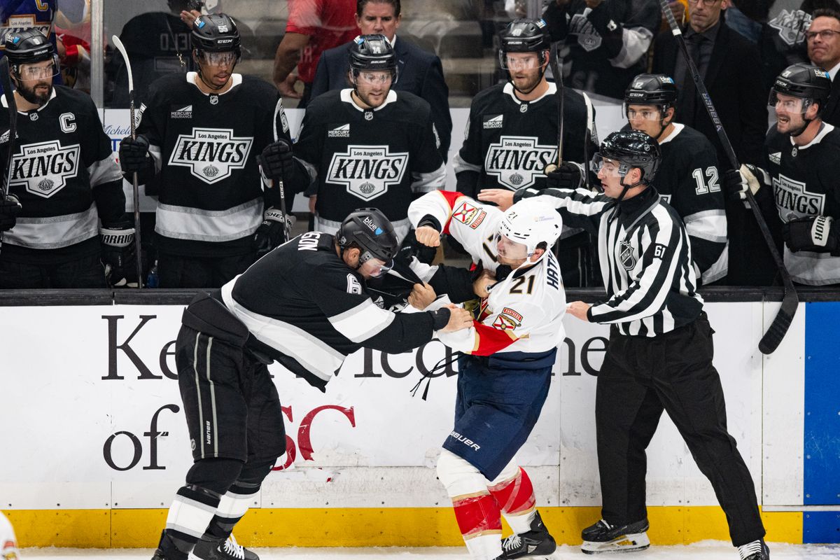 Los Angeles Kings defensiveman Joel Edmundson (6) exchange punches with Florida Panthers right wing Garnet Hathaway (21) during an NHL hockey game against the Florida Panthers, Tuesday, October 6, 2026 in Los Angeles. Los Angeles Kings defensiveman Joel Edmundson (6) exchange punches with Florida Panthers right wing Garnet Hathaway (21) during an NHL hockey game against the Florida Panthers, Tuesday, October 6, 2026 in Los Angeles.