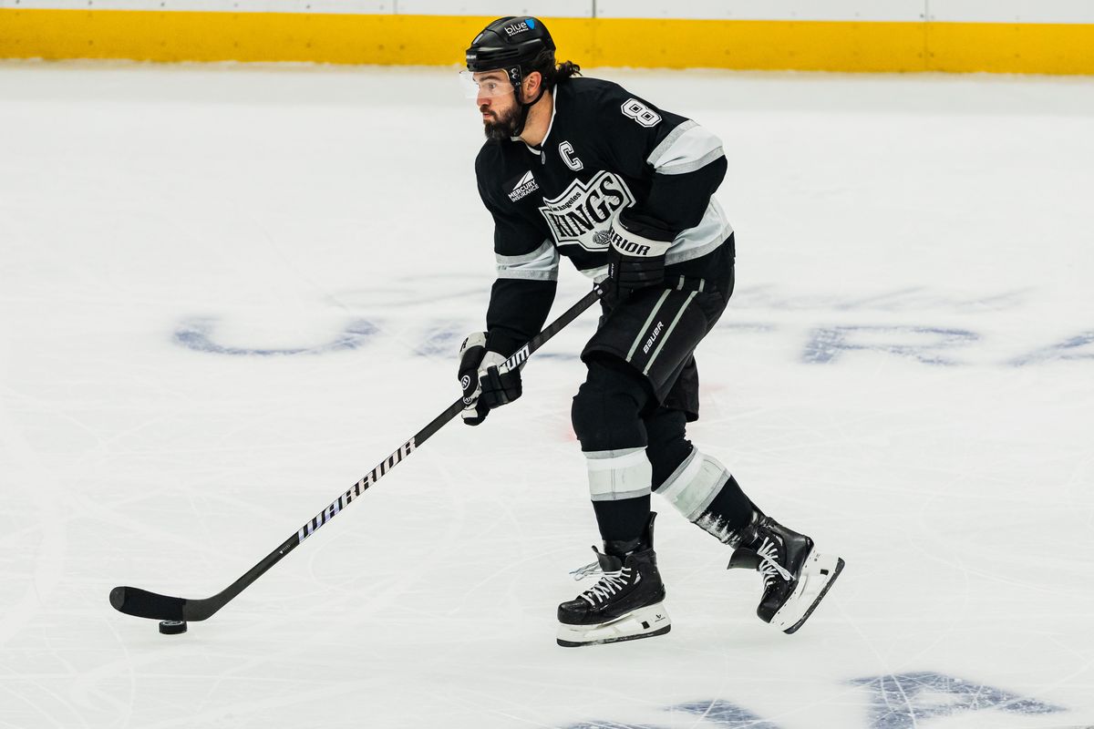 Los Angeles Kings defensemen Drew Doughty (8) brings the puck up the ice during an NHL hockey match against the Edmonton Oilers on October 13th, 2026 in Los Angeles, California. Los Angeles Kings defensemen Drew Doughty (8) brings the puck up the ice during an NHL hockey match against the Edmonton Oilers on October 13th, 2026 in Los Angeles, California.