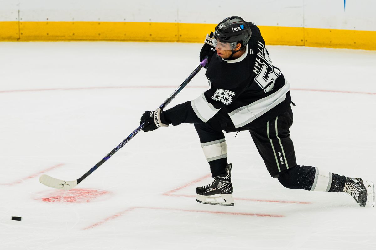 Los Angeles Kings right wing Quinton Byfield (55) attempts a shot at goal during an NHL hockey match against the Edmonton Oilers on October 13th, 2026 in Los Angeles, California. Los Angeles Kings right wing Quinton Byfield (55) attempts a shot at goal during an NHL hockey match against the Edmonton Oilers on October 13th, 2026 in Los Angeles, California.