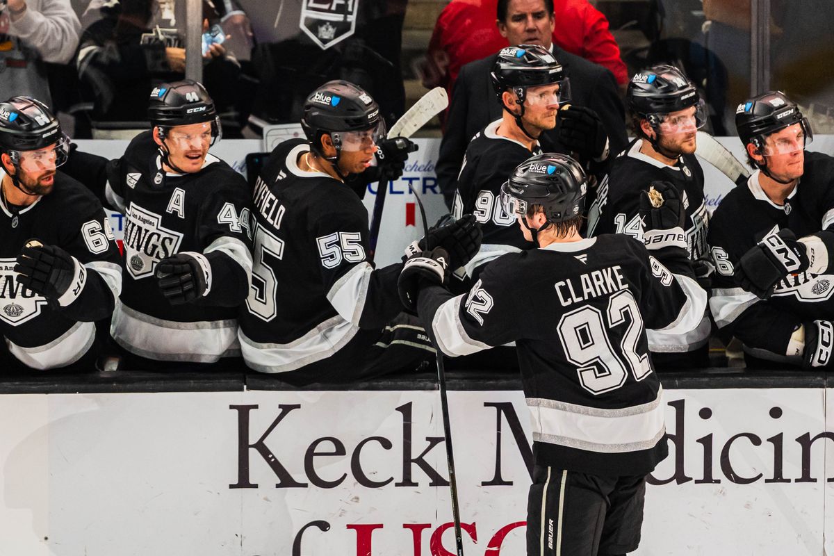 Los Angeles Kings defensemen, Brandt Clark (92) celebrates a goal during an NHL hockey match against the Edmonton Oilers on October 13th, 2026 in Los Angeles, California. Los Angeles Kings defensemen, Brandt Clark (92) celebrates a goal during an NHL hockey match against the Edmonton Oilers on October 13th, 2026 in Los Angeles, California.