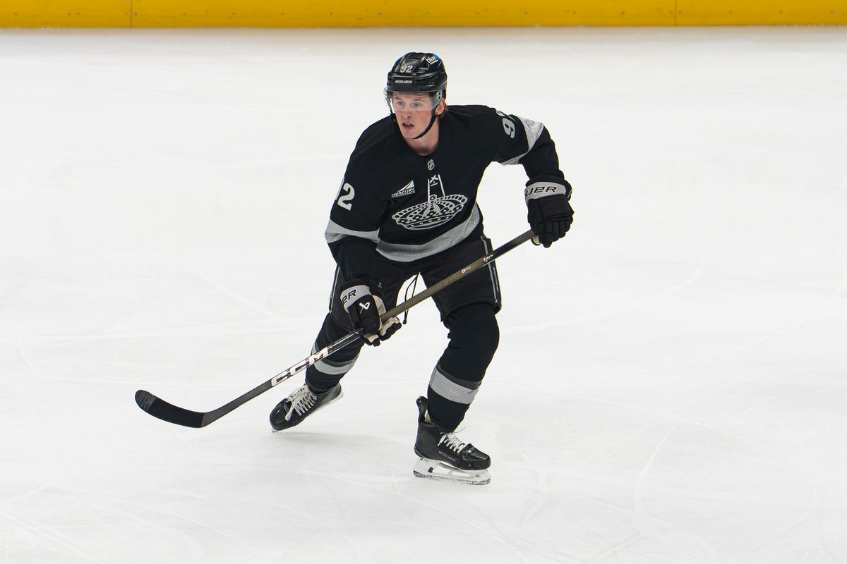 Los Angeles Kings defenseman Brandt Clarke (92) skates during an NHL game against the Boston Bruins, Saturday, Oct. 17, 2026, in Los Angeles, California. Los Angeles Kings defenseman Brandt Clarke (92) skates during an NHL game against the Boston Bruins, Saturday, Oct. 17, 2026, in Los Angeles, California.