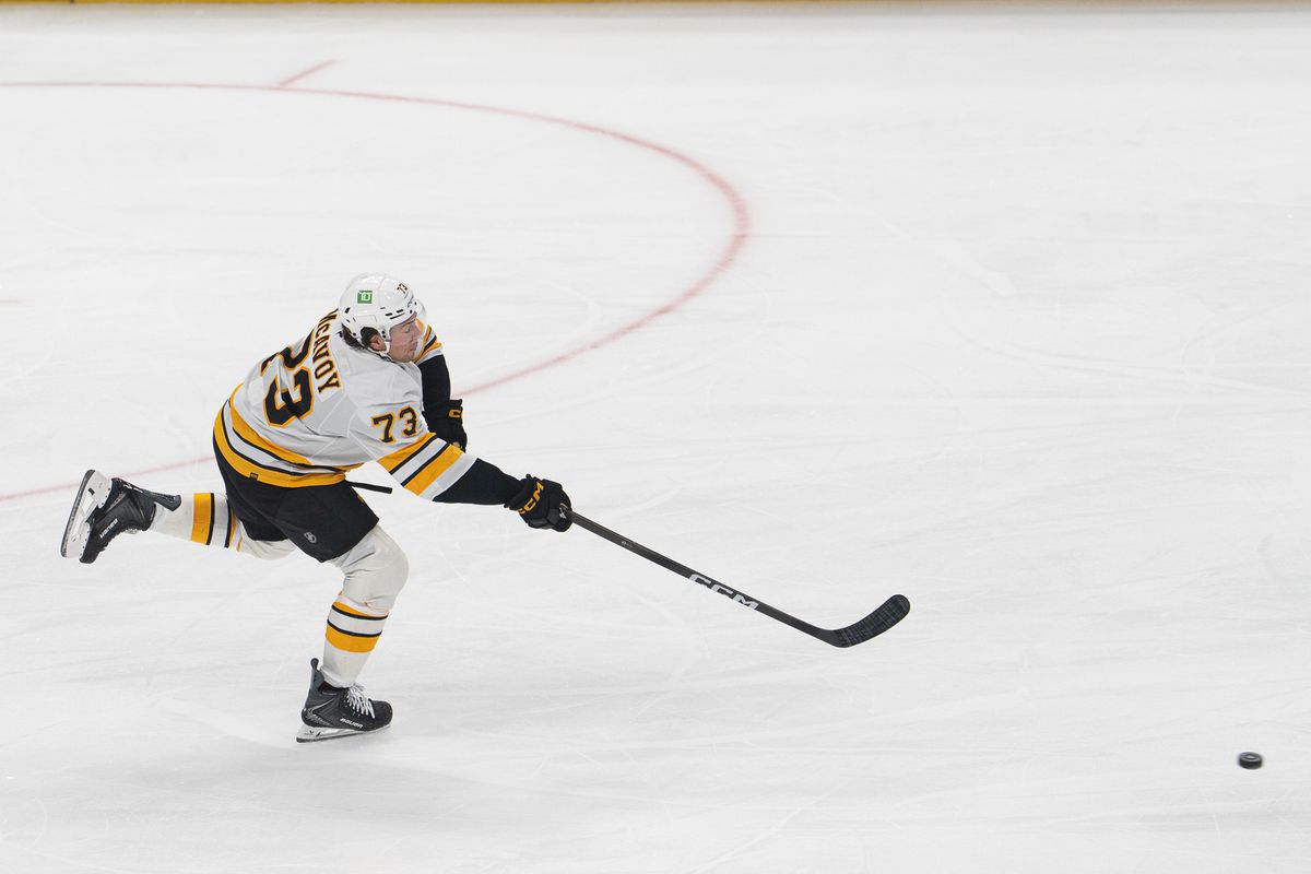 Boston Bruins defenseman Charlie McAvoy (73) takes a shot during an NHL game against the Los Angeles Kings, Saturday, Oct. 17, 2026, in Los Angeles, California. Boston Bruins defenseman Charlie McAvoy (73) takes a shot during an NHL game against the Los Angeles Kings, Saturday, Oct. 17, 2026, in Los Angeles, California.