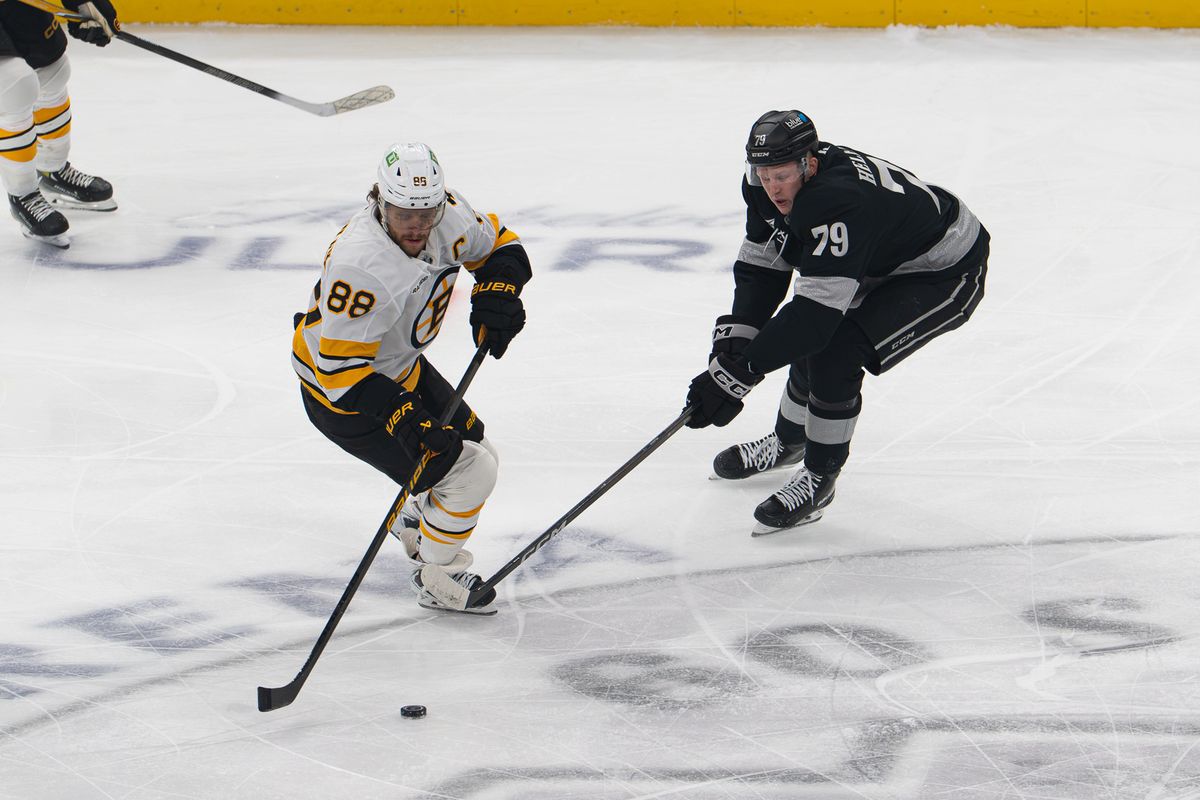 Los Angeles Kings center Samuel Helenius (79) goes after the puck during an NHL game against the Boston Bruins, Saturday, Oct. 17, 2026, in Los Angeles, California. Los Angeles Kings center Samuel Helenius (79) goes after the puck during an NHL game against the Boston Bruins, Saturday, Oct. 17, 2026, in Los Angeles, California.
