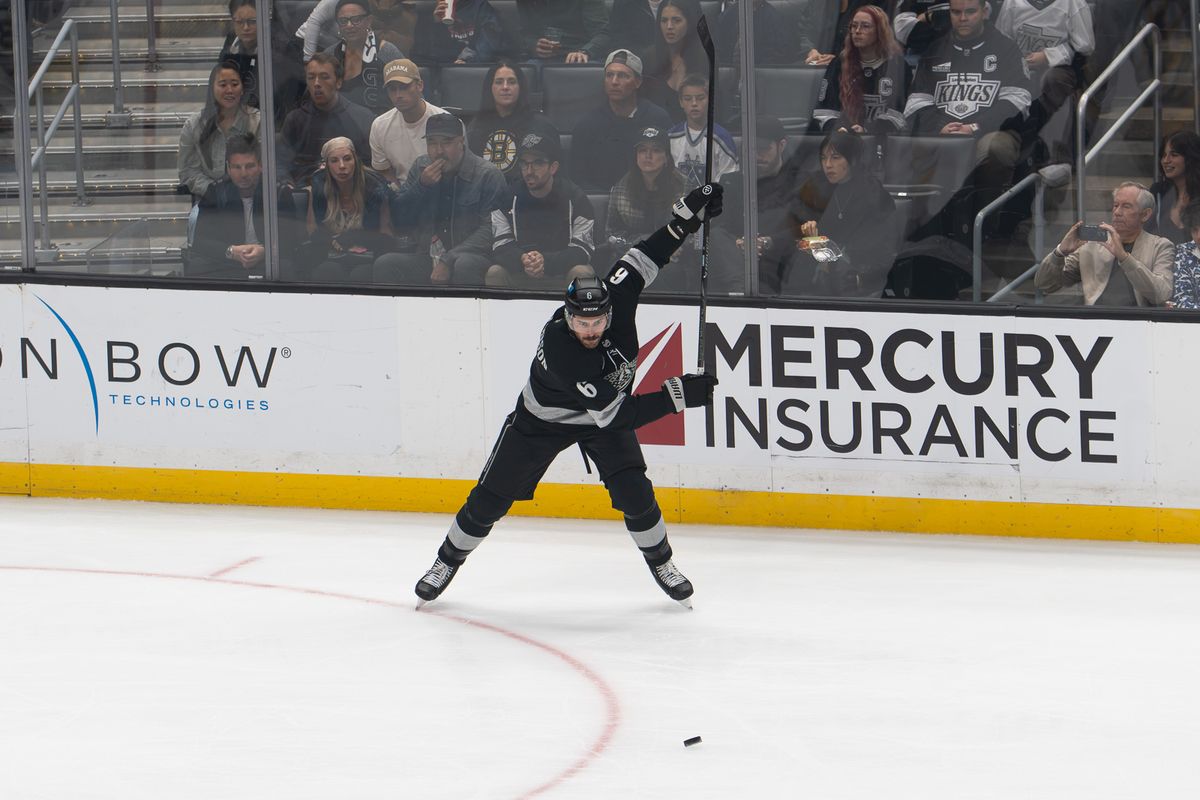 Los Angeles Kings defenseman Joel Edmundson (6) takes a shot during an NHL game against the Boston Bruins, Saturday, Oct. 17, 2026, in Los Angeles, California. Los Angeles Kings defenseman Joel Edmundson (6) takes a shot during an NHL game against the Boston Bruins, Saturday, Oct. 17, 2026, in Los Angeles, California.