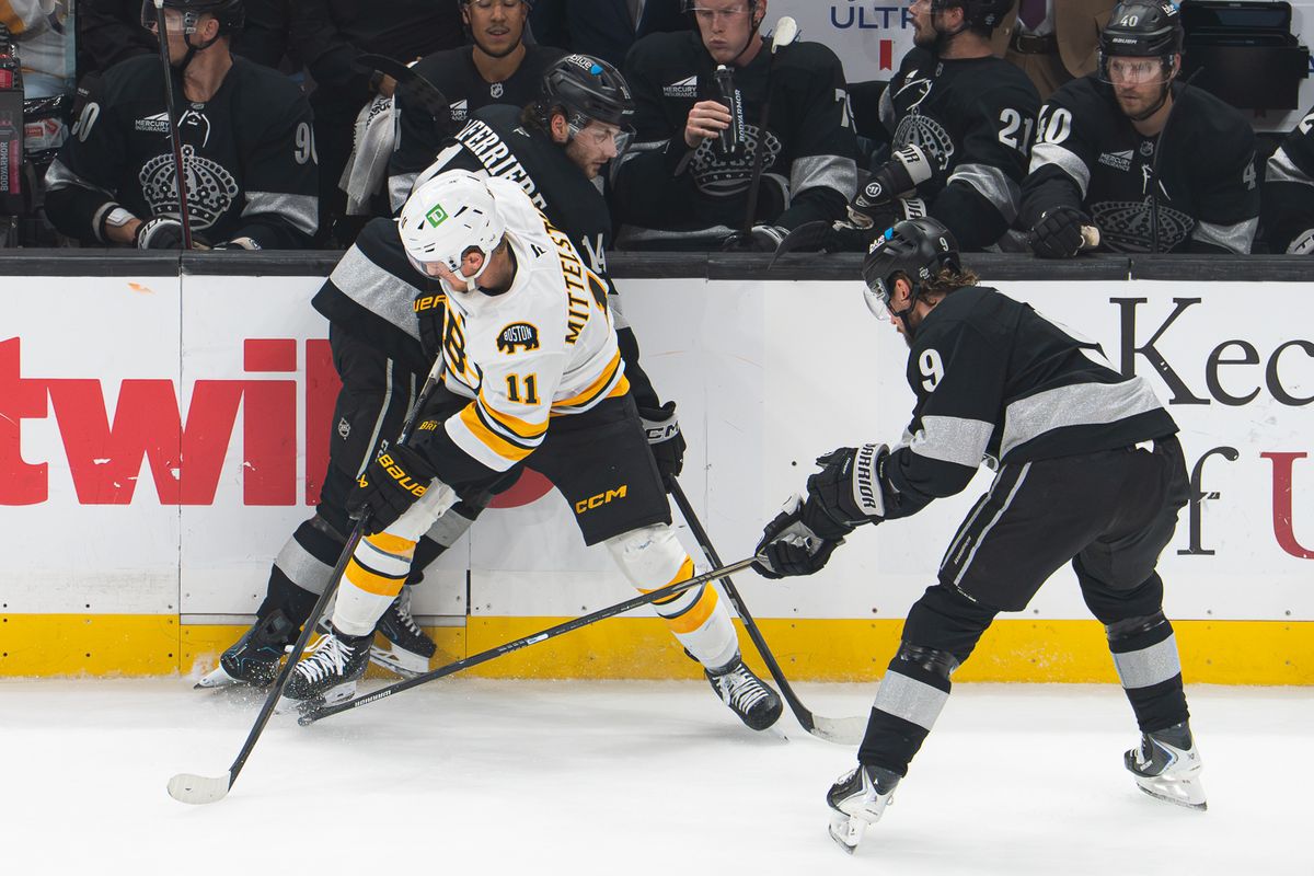 Los Angeles Kings defenders attack the puck during an NHL game against the Boston Bruins, Saturday, Oct. 17, 2026, at Crypto.com Arena in Los Angeles, California. Los Angeles Kings defenders attack the puck during an NHL game against the Boston Bruins, Saturday, Oct. 17, 2026, at Crypto.com Arena in Los Angeles, California.