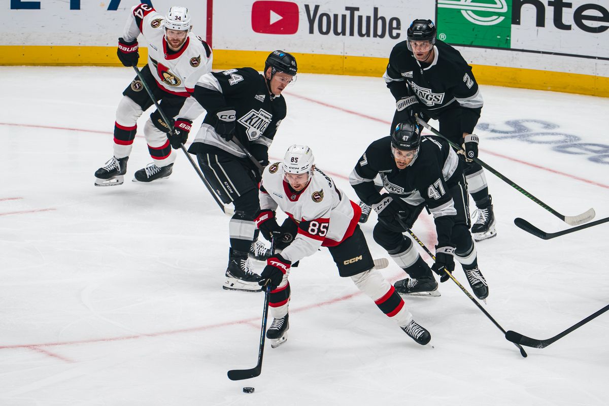 Los Angeles Kings players swarm the puck during a game against the Ottawa Senators on October 29, 2026, at Crypto.com Arena in Los Angeles, California.