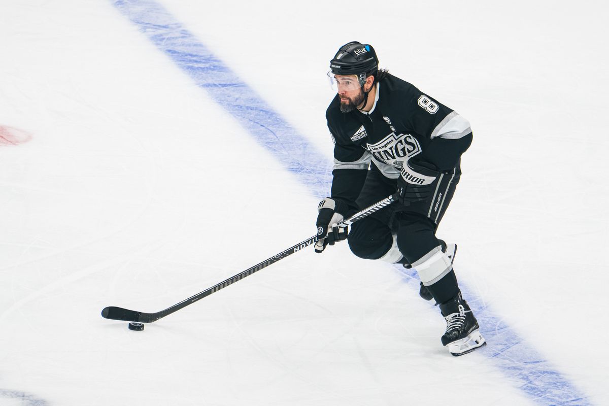 Los Angeles Kings defenseman Drew Doughty (8) carries the puck up the ice during a game against the Ottawa Senators on October 29, 2026, at Crypto.com Arena in Los Angeles, California.