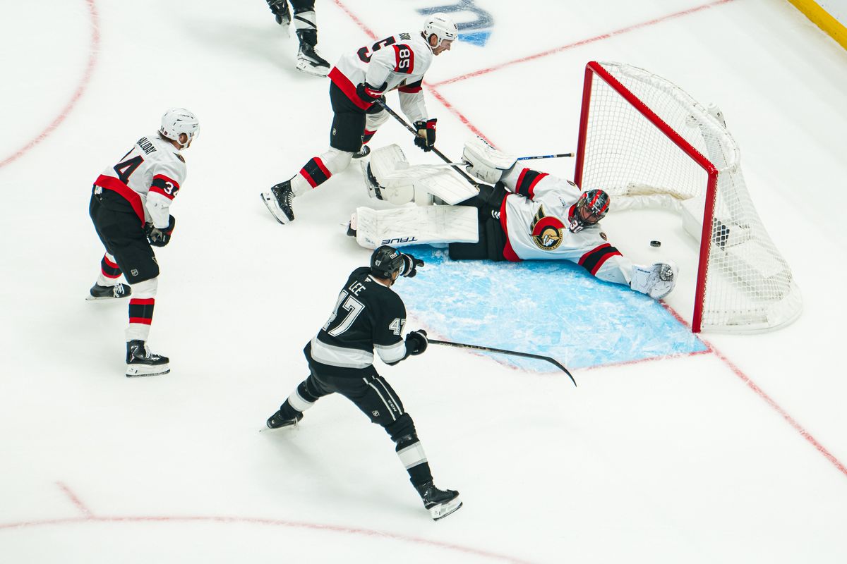 The Los Angeles Kings score a goal against the Ottawa Senators during a game on October 29, 2026, at Crypto.com Arena in Los Angeles, California.