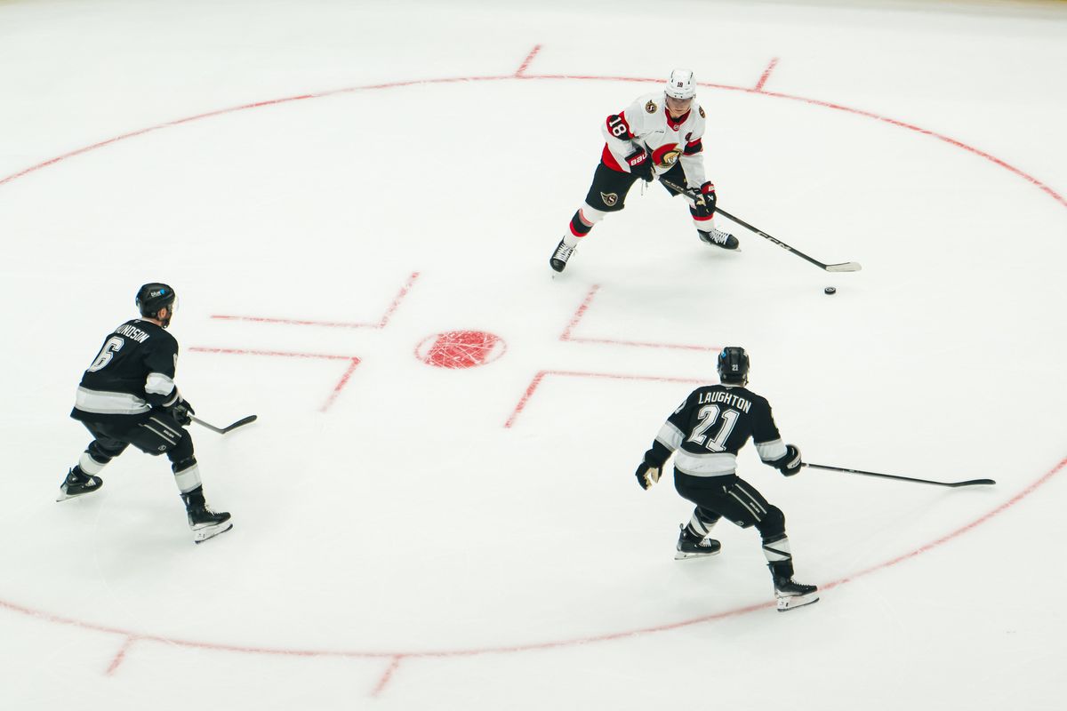 os Angeles Kings players converge on the puck during a game against the Ottawa Senators on October 29, 2026, at Crypto.com Arena in Los Angeles, California.