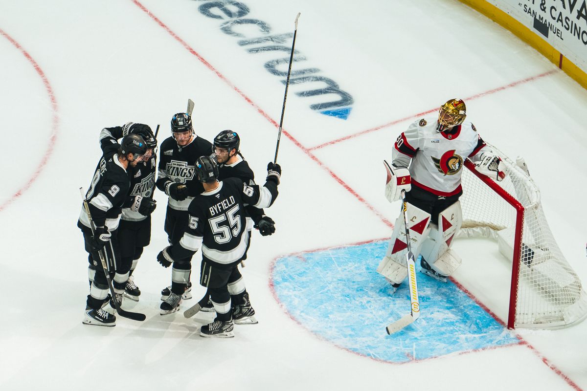 Los Angeles Kings players celebrate a goal during a game against the Ottawa Senators on October 29, 2026, at Crypto.com Arena in Los Angeles, California.