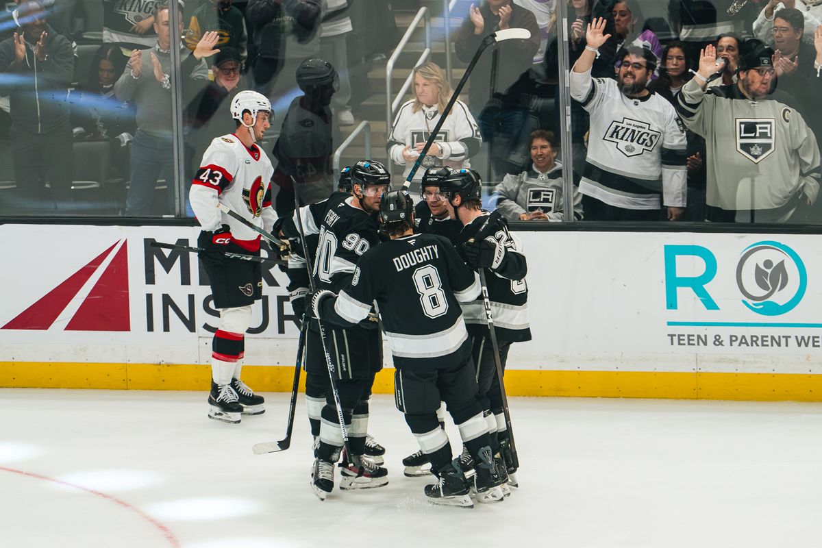 Los Angeles Kings players celebrate a goal during a game against the Ottawa Senators on October 29, 2026, at Crypto.com Arena in Los Angeles, California.