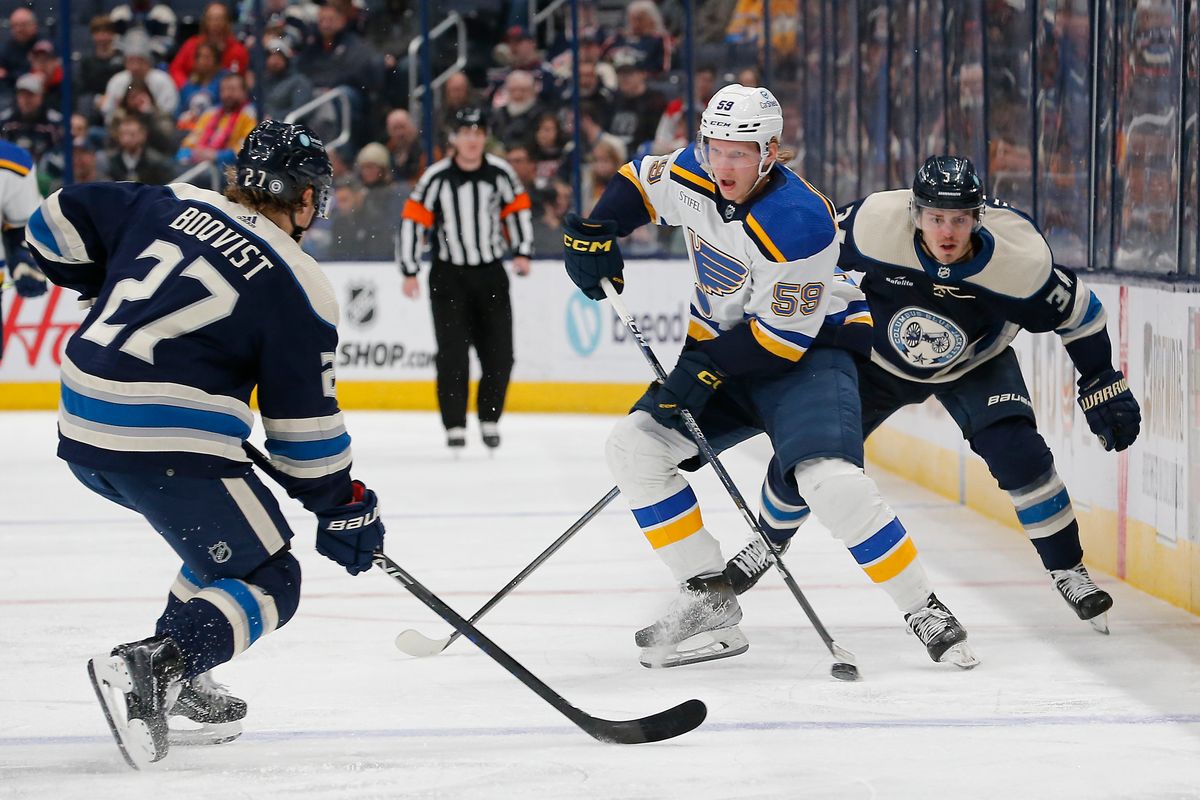 St. Louis Blues center Nikita Alexandrov (59) carries the puck as Columbus Blue Jackets center Cole Sillinger (34) trails the play during the third period at Nationwide Arena. St. Louis Blues center Nikita Alexandrov (59) carries the puck as Columbus Blue Jackets center Cole Sillinger (34) trails the play during the third period at Nationwide Arena.