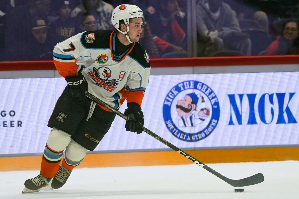 Gulls defenseman Stian Solberg (7) controls the puck during an AHL hockey game against the Knights, Saturday October 10, 2026 in San Diego, California.