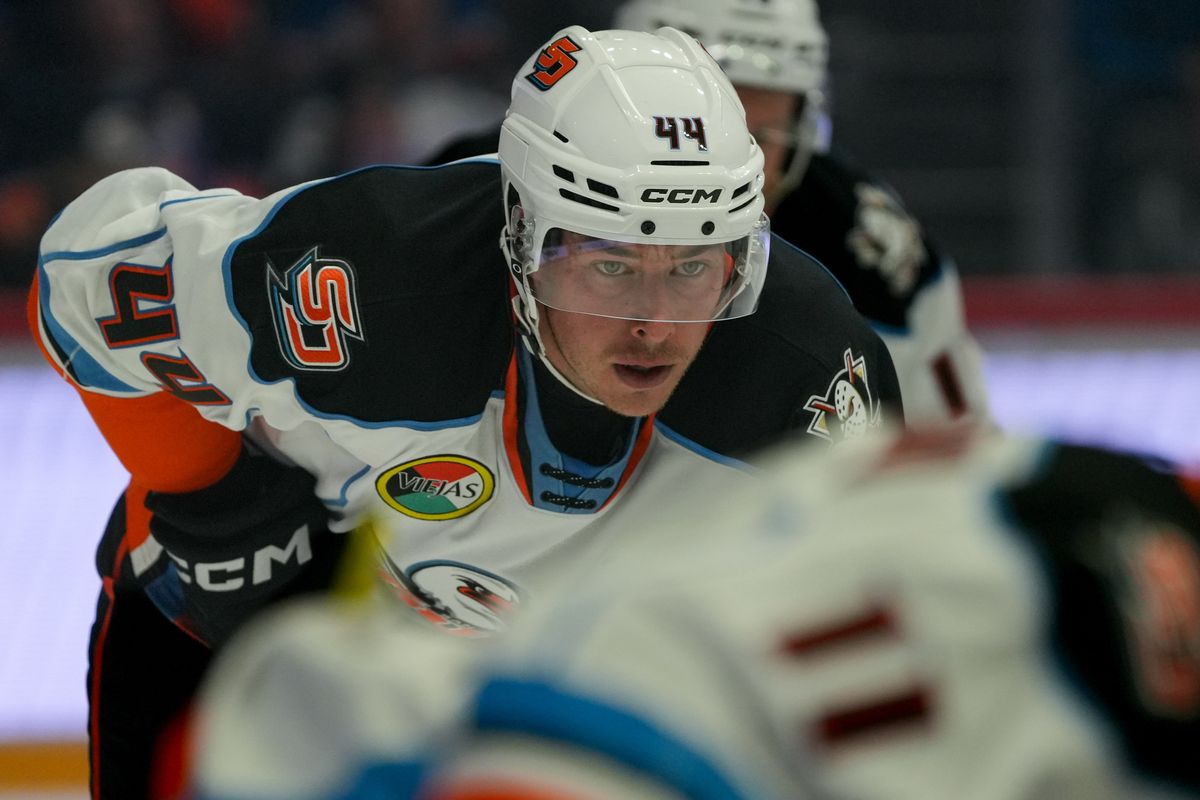 Gulls defenseman Corey Schueneman (44) looks on during an AHL hockey game against the Knights, Saturday October 10, 2026 in San Diego, California.