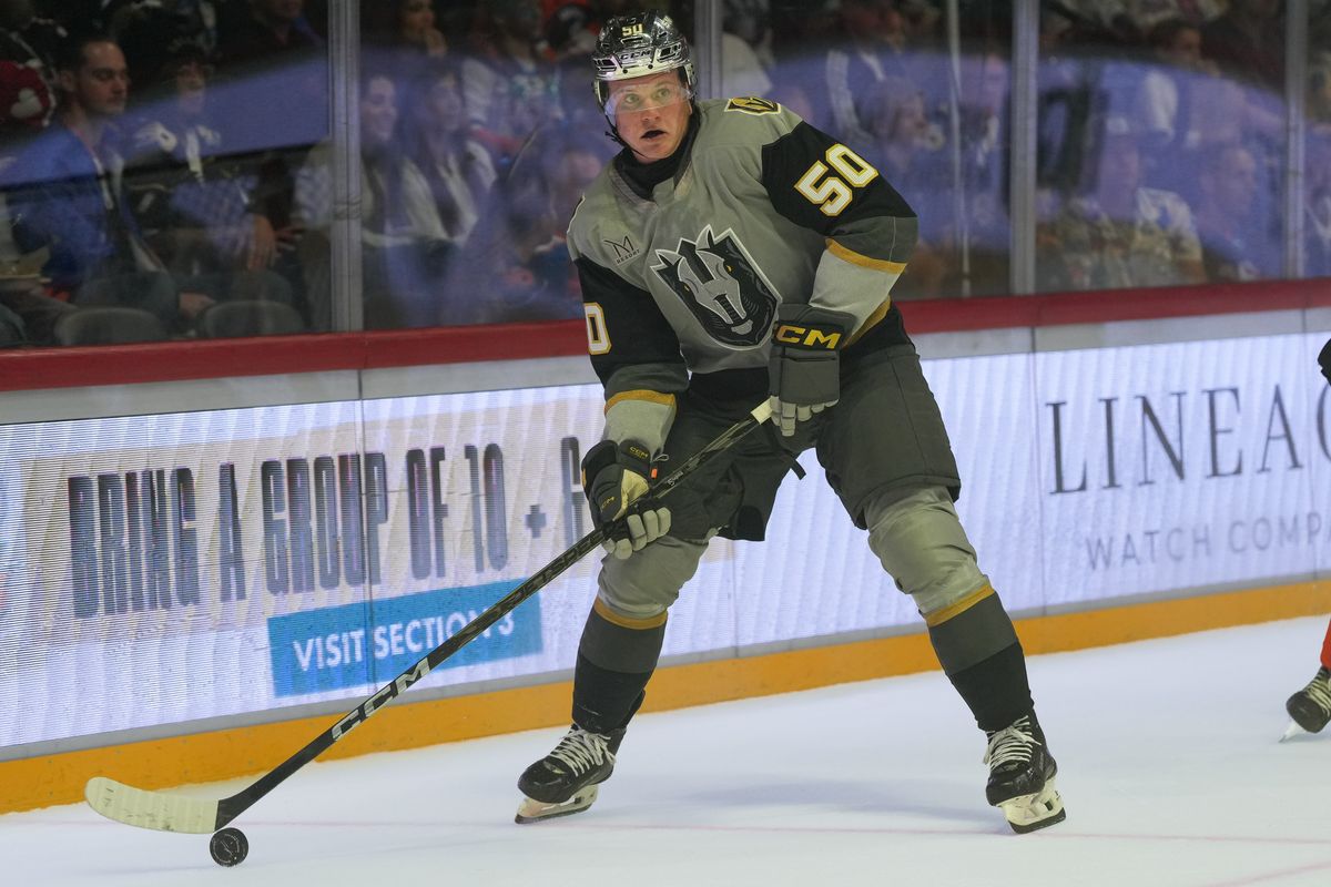 Knights forward Joe Fleming (50) controls the puck during an AHL hockey game against the Gulls, Saturday October 10, 2026 in San Diego, California.