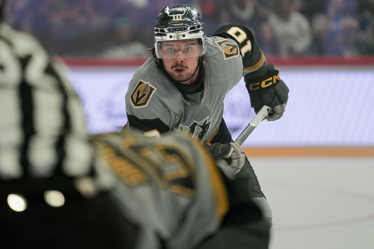 Knights right wing Alexander Holtz (10) looks on during an AHL hockey game against the Gulls, Saturday October 10, 2026 in San Diego, California.