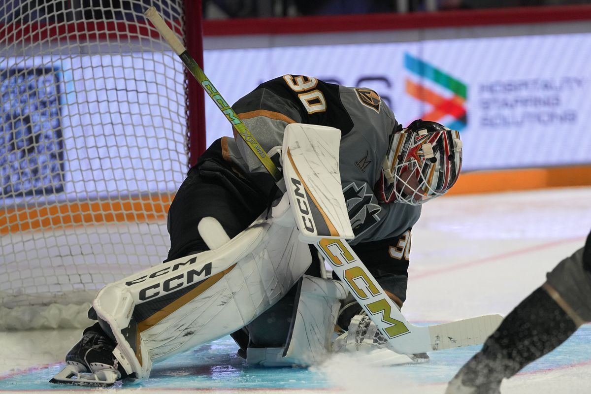 Knights goaltender Carl Lindbom (30) catches the puck during an AHL hockey game against the Gulls, Saturday October 10, 2026 in San Diego, California.