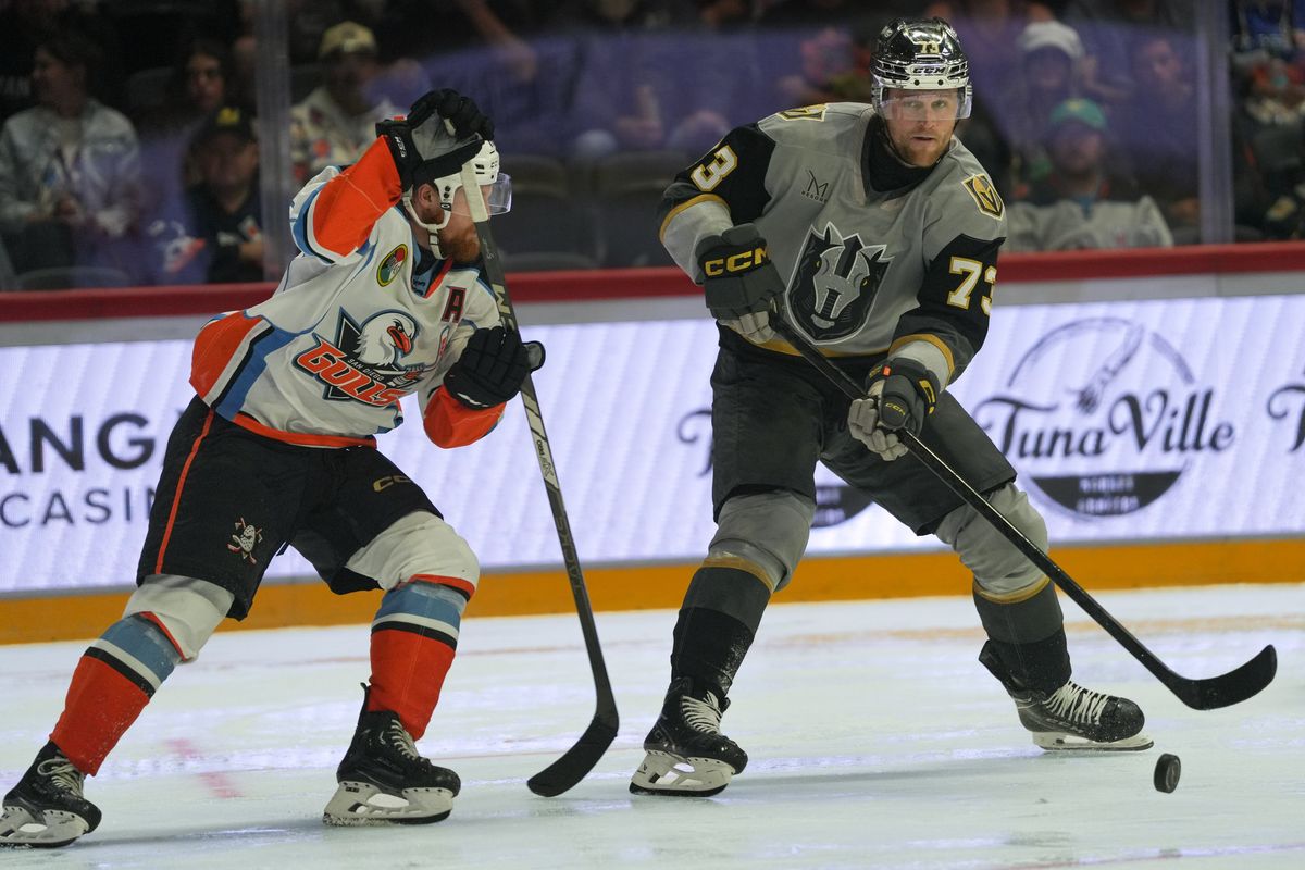 Knights defenseman Adam Ginning (73) passes the puck during an AHL hockey game against the Gulls, Saturday October 10, 2026 in San Diego, California.