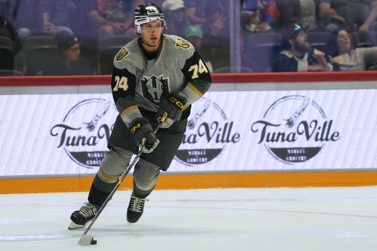 Knights defenseman Viliam Kmec (74) scans the rink during an AHL hockey game against the Gulls, Saturday October 10, 2026 in San Diego, California.