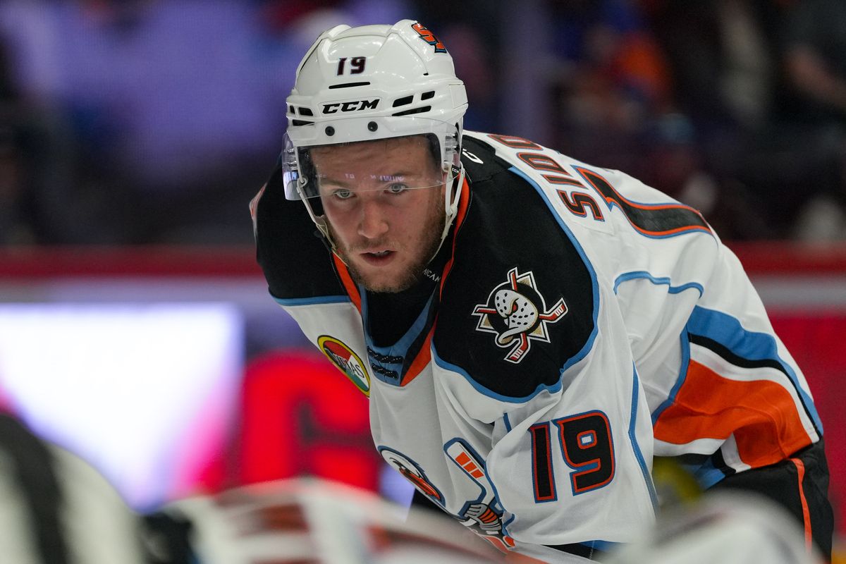 Gulls forward Yegor Sidorov (19) looks on during an AHL hockey game against the Knights, Saturday October 10, 2026 in San Diego, California.