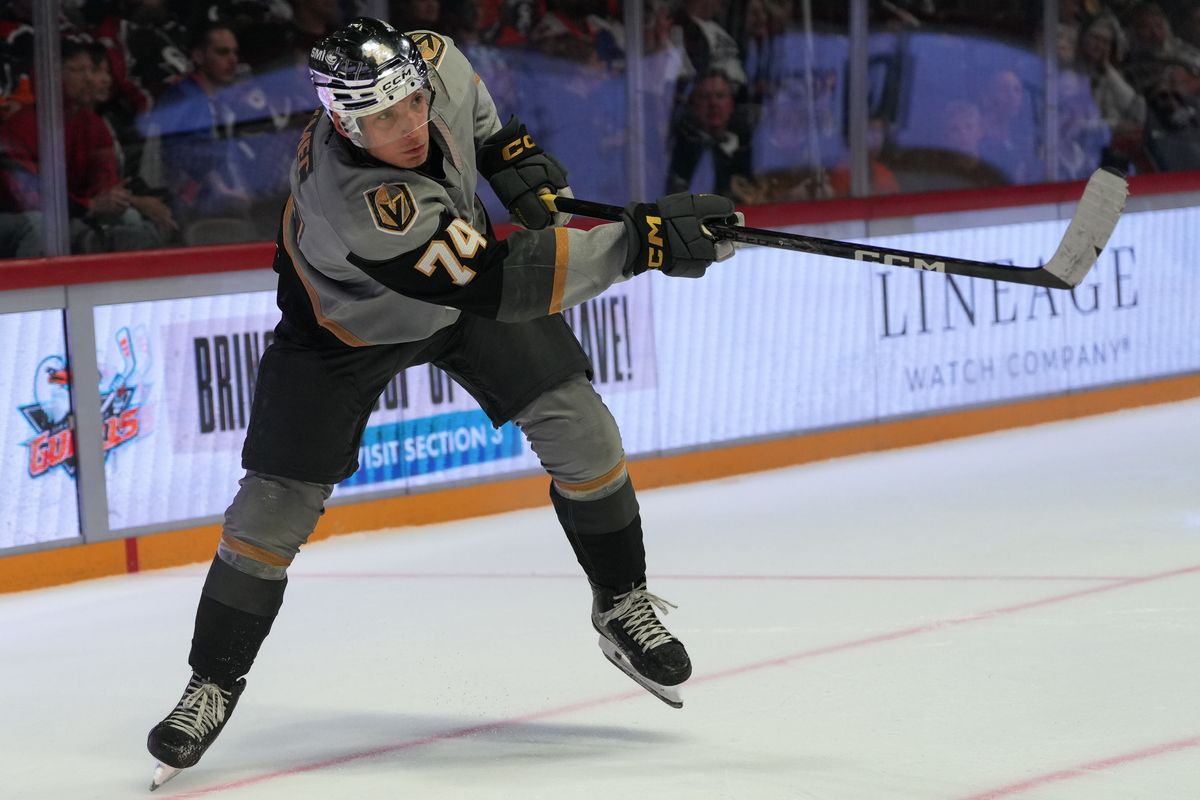 Knights defenseman Viliam Kmec (74) passes the puck during an AHL hockey game against the Gulls, Saturday October 10, 2026 in San Diego, California.