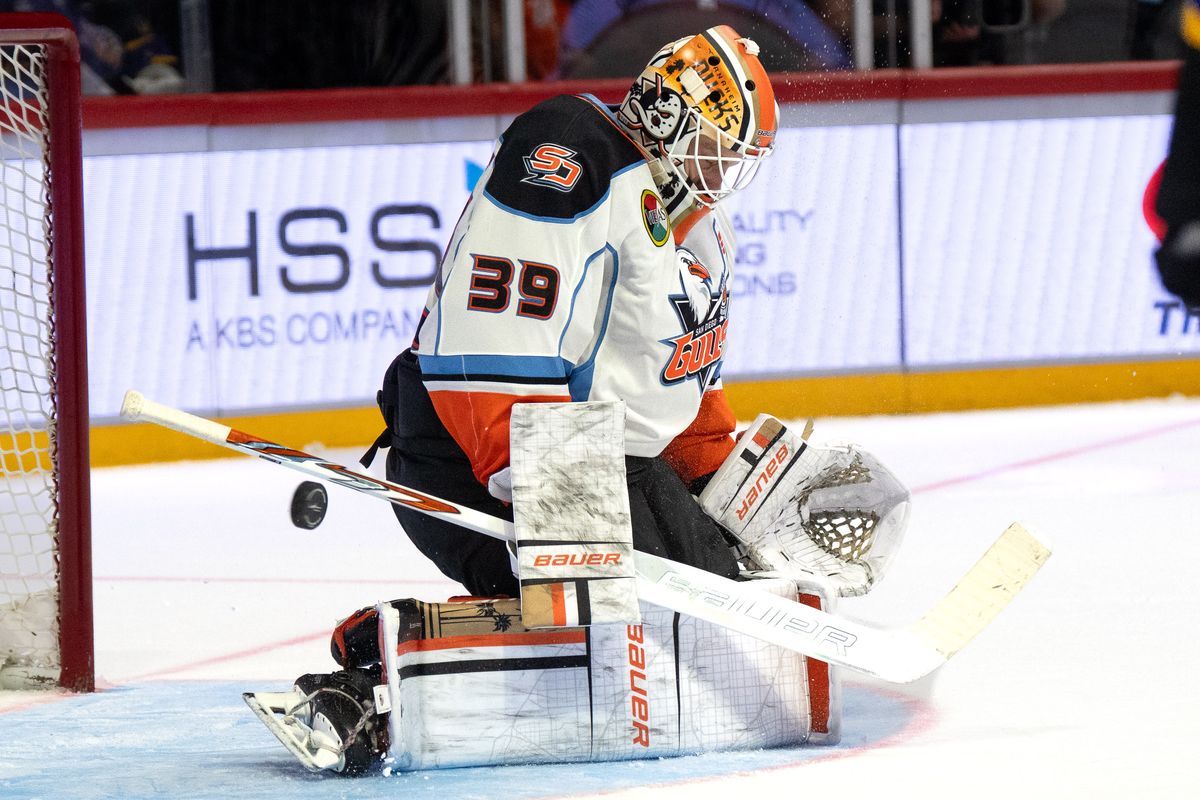 Gulls goaltender Laurent Brossoit (39) blocks the puck during an AHL hockey game against the Reign, Wednesday October 14, 2026 in San Diego, California.