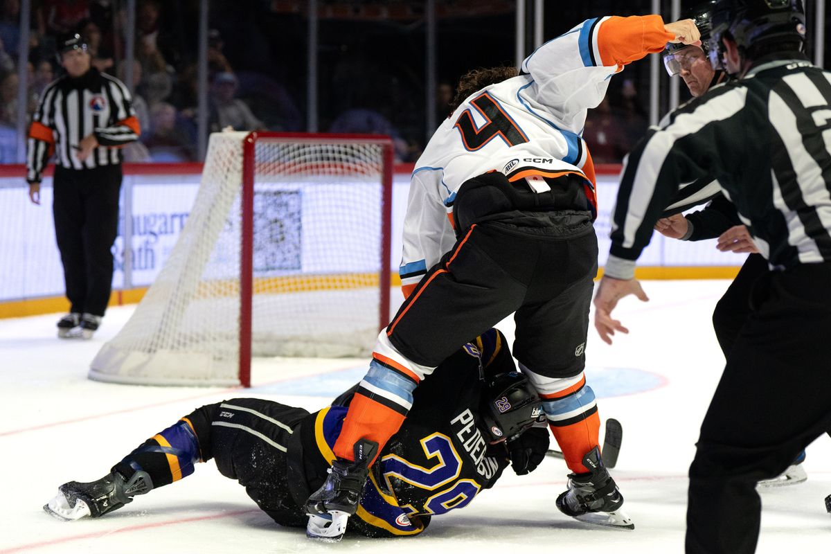 Gulls defenseman Jett Woo (4) and Reign center Lane Pederson (29) fight during an AHL hockey game, Wednesday October 14, 2026 in San Diego, California.