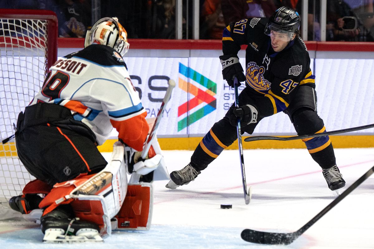 Reign center Jack Hughes (47) shoots the puck during an AHL hockey game against the Gulls, Wednesday October 14, 2026 in San Diego, California.