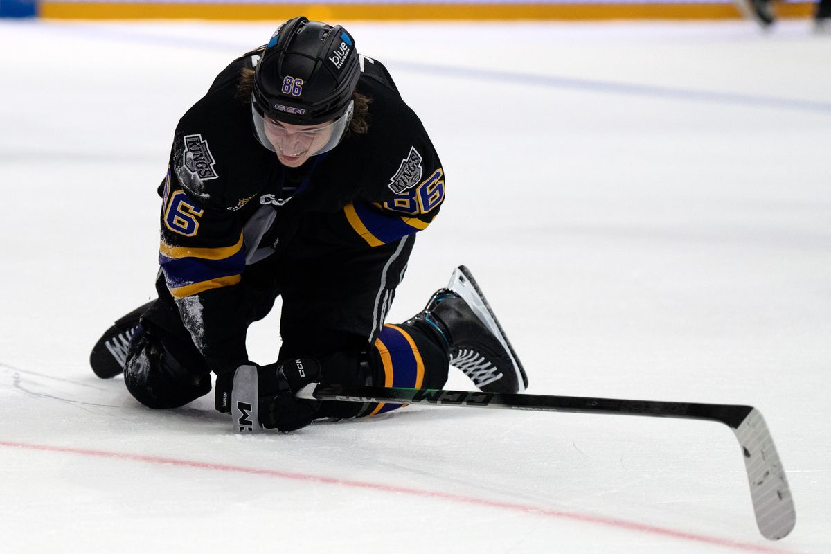 Reign forward Aatu Jämsen (86) goes down in pain during an AHL hockey game against the Gulls, Wednesday October 14, 2026 in San Diego, California.