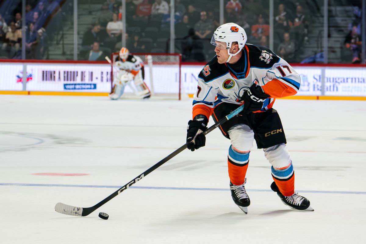 The San Diego Gulls forward Nathan Gaucher (17) takes the puck up the ice during an AHL hockey game against the Coachella Valley Firebirds on Wednesday, October 21, 2026, at Pechanga Arena in San Diego, California. The San Diego Gulls forward Nathan Gaucher (17) takes the puck up the ice during an AHL hockey game against the Coachella Valley Firebirds on Wednesday, October 21, 2026, at Pechanga Arena in San Diego, California.