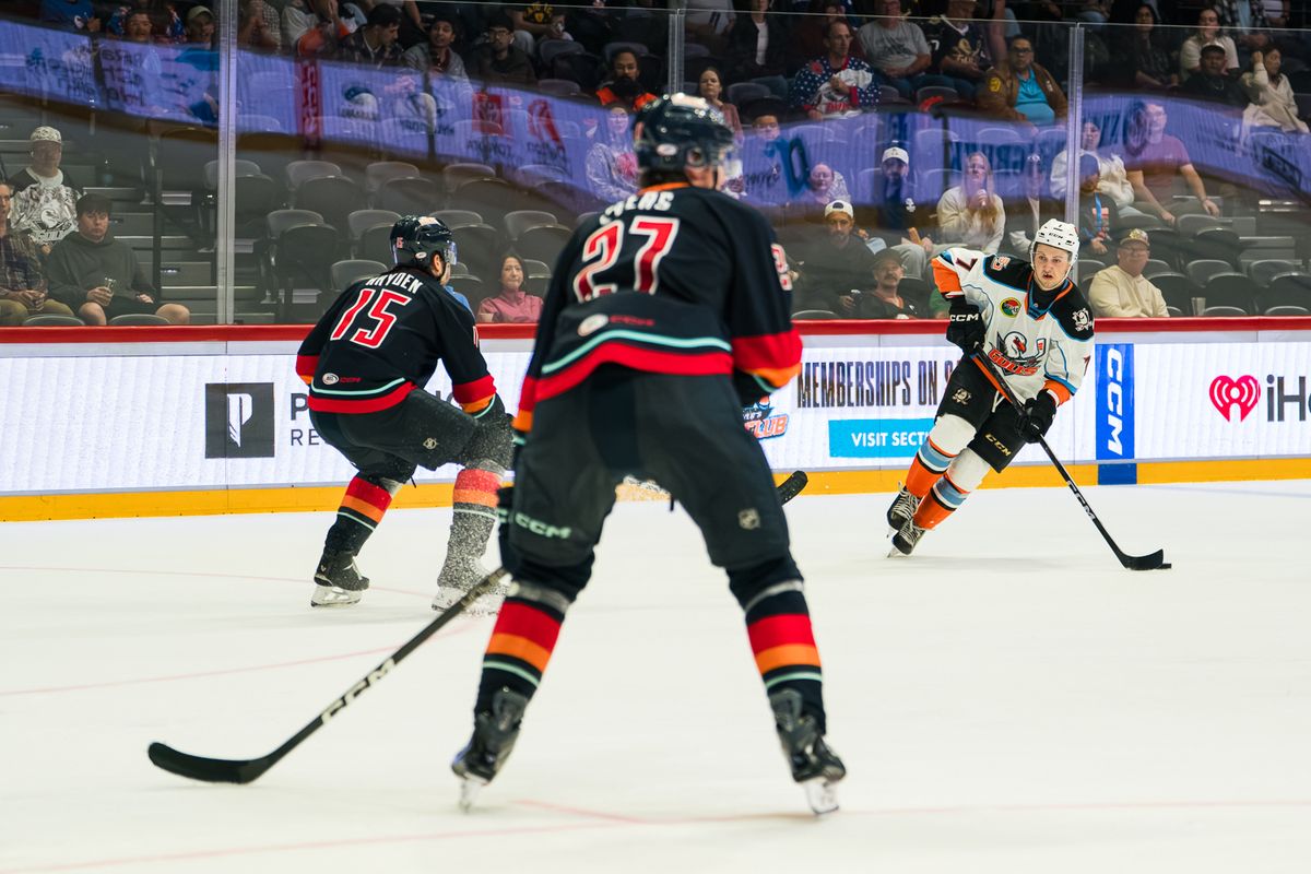 The San Diego Gulls defenseman Stian Solberg goes on the attack during an AHL hockey game against the Coachella Valley Firebirds on Wednesday, October 21, 2026, at Pechanga Arena in San Diego, California. The San Diego Gulls defenseman Stian Solberg goes on the attack during an AHL hockey game against the Coachella Valley Firebirds on Wednesday, October 21, 2026, at Pechanga Arena in San Diego, California.