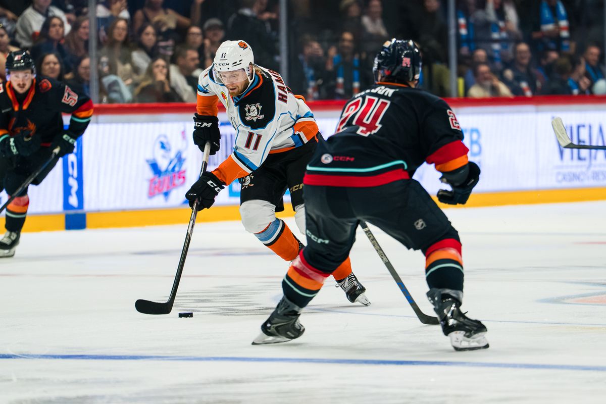 San Diego Gulls forward James Hamblin (11) evades a defender during an AHL hockey game against the Coachella Valley Firebirds on Wednesday, October 21, 2026, at Pechanga Arena in San Diego, California. San Diego Gulls forward James Hamblin (11) evades a defender during an AHL hockey game against the Coachella Valley Firebirds on Wednesday, October 21, 2026, at Pechanga Arena in San Diego, California.