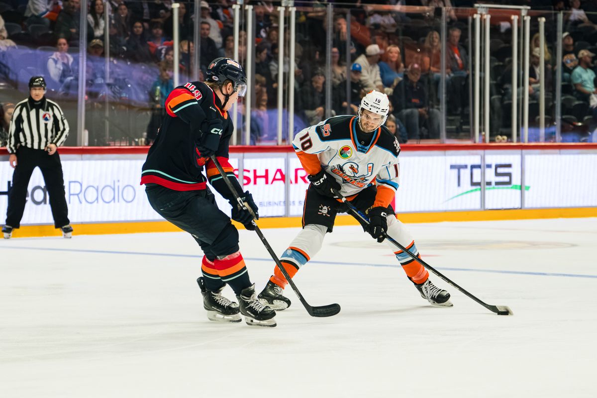 San Diego Gulls defenseman Travis Mitchell (10) goes head-to-head with a defender during an AHL hockey game against the Coachella Valley Firebirds on Wednesday, October 21, 2026, at Pechanga Arena in San Diego, California. San Diego Gulls defenseman Travis Mitchell (10) goes head-to-head with a defender during an AHL hockey game against the Coachella Valley Firebirds on Wednesday, October 21, 2026, at Pechanga Arena in San Diego, California.