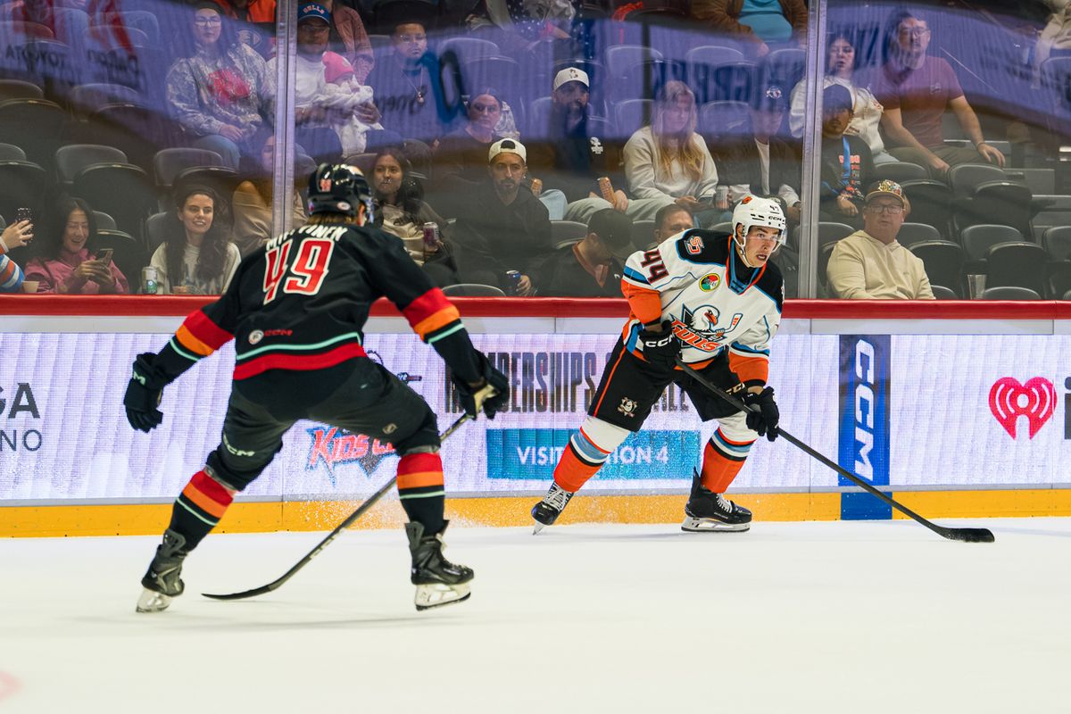 San Diego Gulls defenseman Corey Schueneman (44) looks for a passing lane during an AHL hockey game against the Coachella Valley Firebirds on Wednesday, October 21, 2026, at Pechanga Arena in San Diego, California. San Diego Gulls defenseman Corey Schueneman (44) looks for a passing lane during an AHL hockey game against the Coachella Valley Firebirds on Wednesday, October 21, 2026, at Pechanga Arena in San Diego, California.