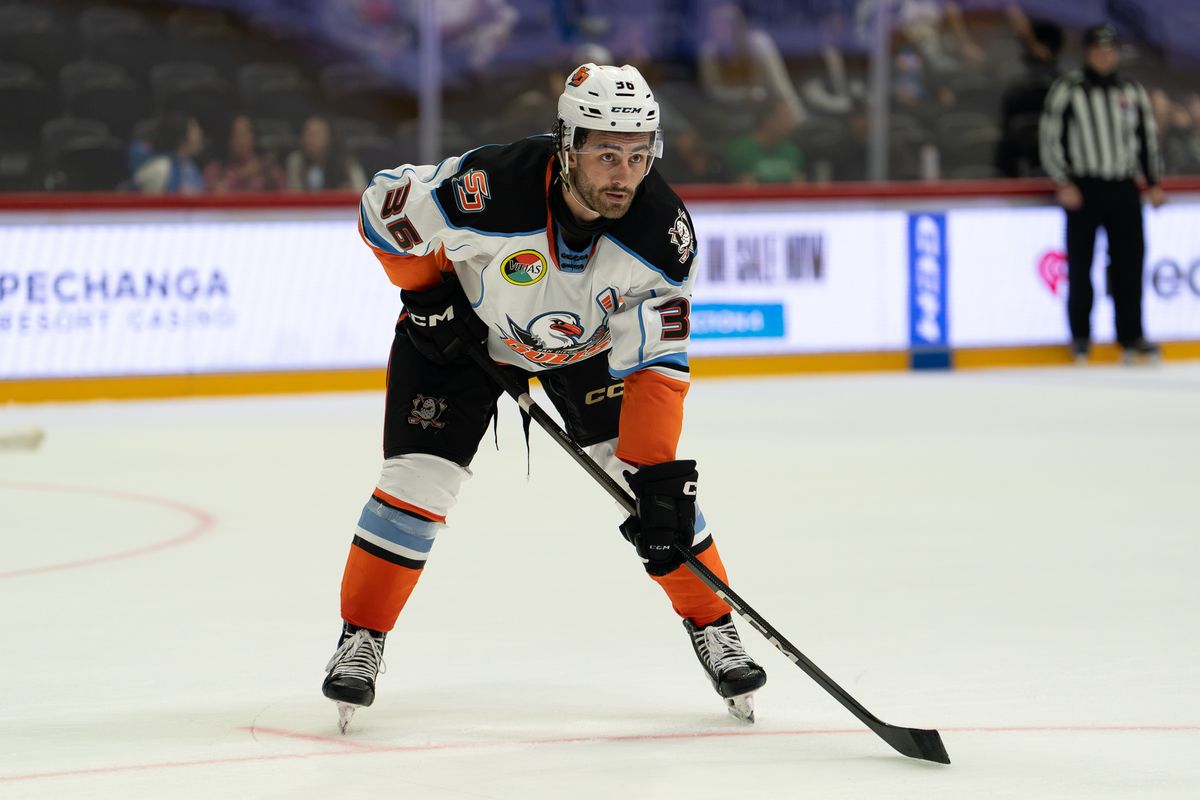 San Diego Gulls forward Drew Elliott (36) during an AHL hockey game against the Coachella Valley Firebirds on Wednesday, October 21, 2026, at Pechanga Arena in San Diego, California. San Diego Gulls forward Drew Elliott (36) during an AHL hockey game against the Coachella Valley Firebirds on Wednesday, October 21, 2026, at Pechanga Arena in San Diego, California.