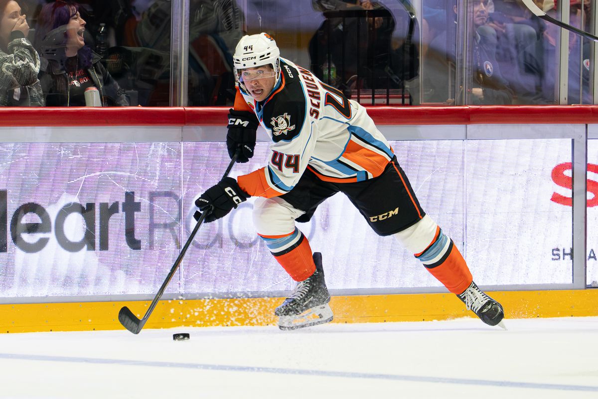 San Diego Gulls defenseman Corey Schueneman (44) advances the puck during an AHL hockey game against the Coachella Valley Firebirds on Wednesday, October 21, 2026, at Pechanga Arena in San Diego, California. San Diego Gulls defenseman Corey Schueneman (44) advances the puck during an AHL hockey game against the Coachella Valley Firebirds on Wednesday, October 21, 2026, at Pechanga Arena in San Diego, California.