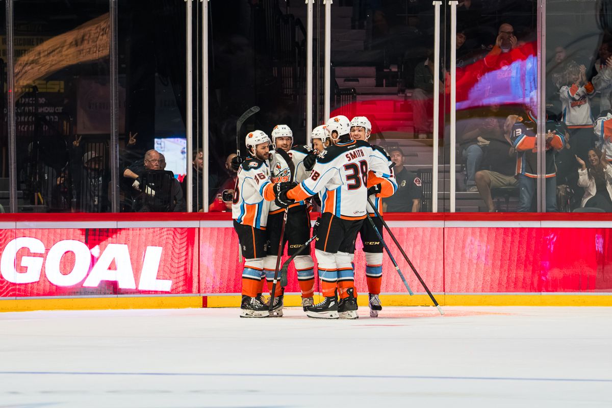 San Diego Gulls players celebrate a goal during an AHL hockey game against the Coachella Valley Firebirds on Wednesday, October 21, 2026, at Pechanga Arena in San Diego, California. San Diego Gulls players celebrate a goal during an AHL hockey game against the Coachella Valley Firebirds on Wednesday, October 21, 2026, at Pechanga Arena in San Diego, California.